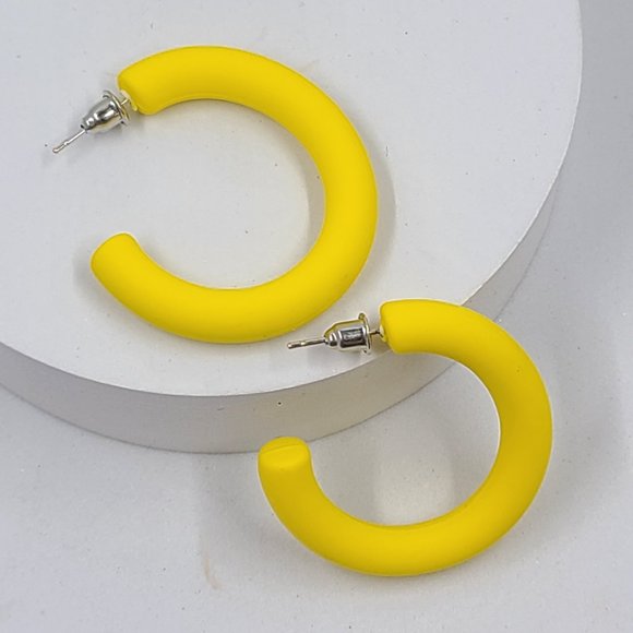 1.5" Semi Oblong Yellow Matte Texture Half Hoop Earrings - Picture 8 of 10